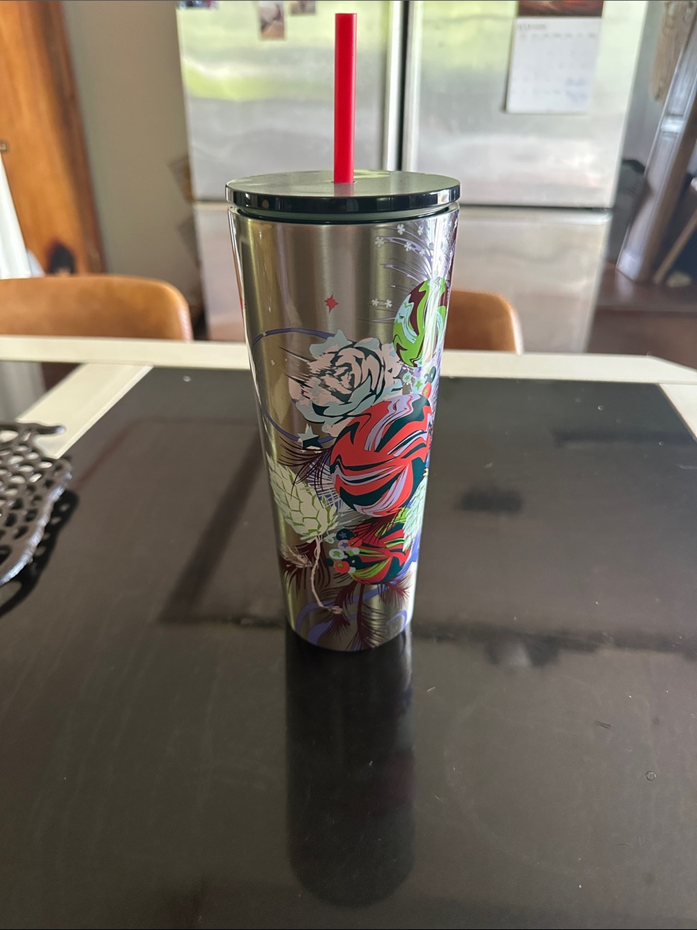 Starbucks Silver Tumbler with Red Straw and Multicolor Star Accents